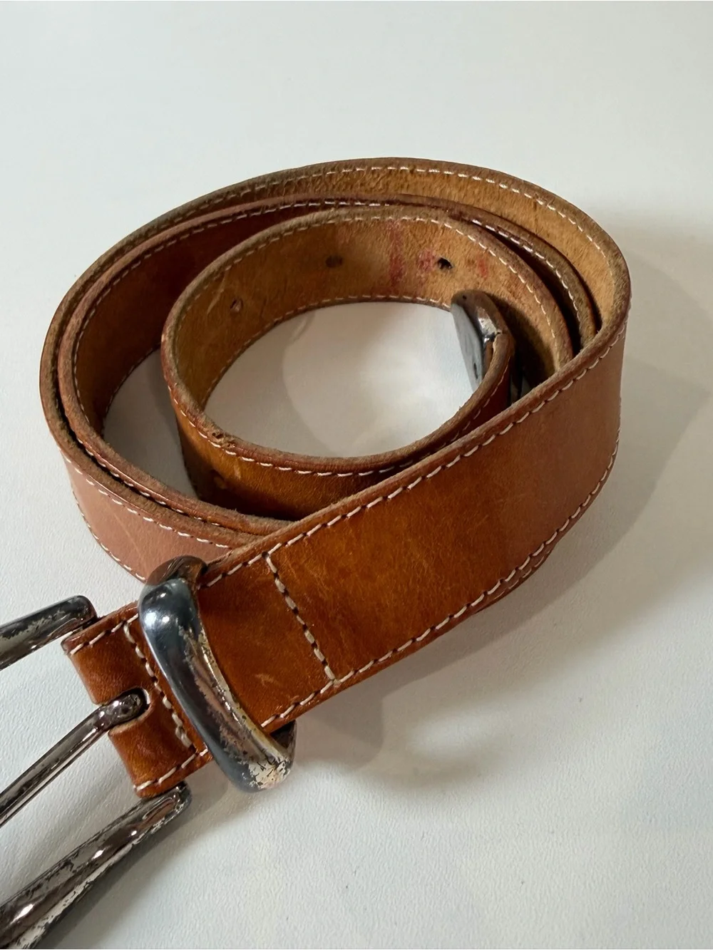 Linea Pelle by Mira K Medium Brown Genuine Leather Belt Distressed Silver Buckle